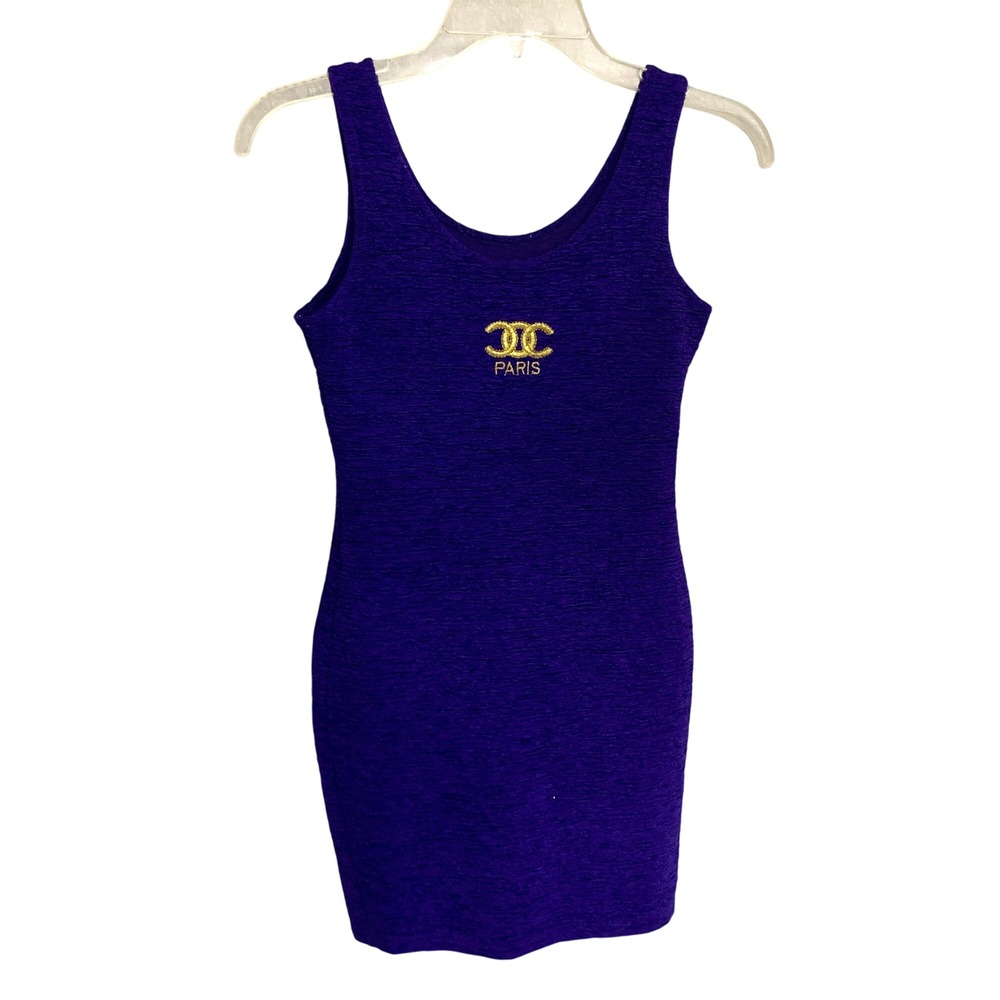 Vintage New Moine Dress Women's Small Purple Crepe Material Sheath w Gold Detail